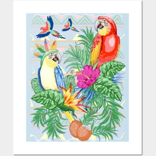 Macaws Parrots Exotic Birds on Tropical Flowers and Leaves Posters and Art